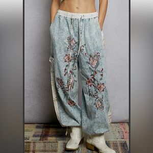 POL Light Blue Acid-Wash Floral Embroidered Track Pants